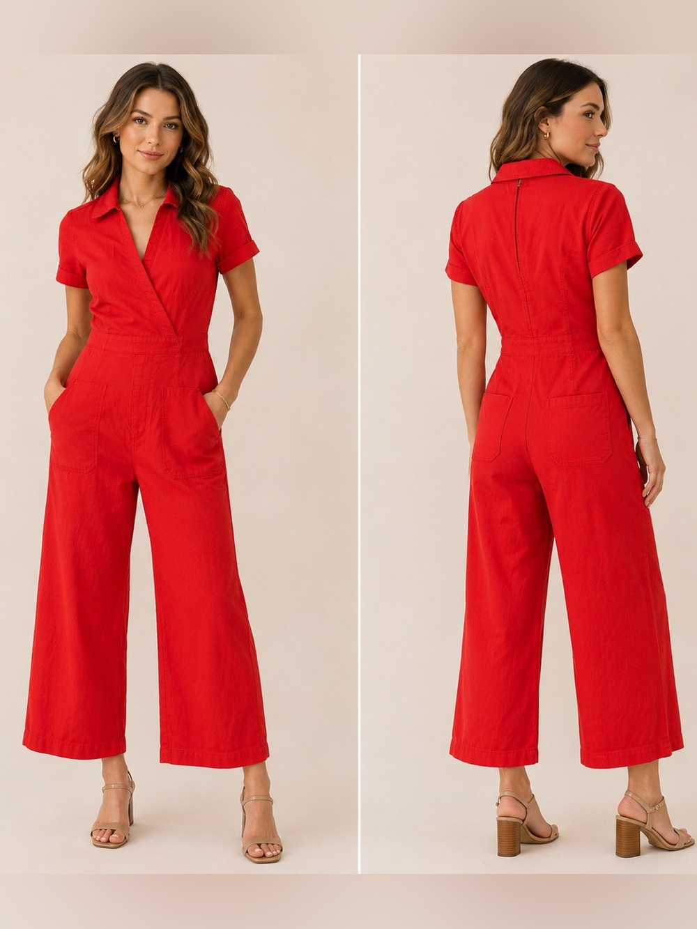 Maeve by Anthropologie Red Short Sleeve Wide Leg Jumpsuit